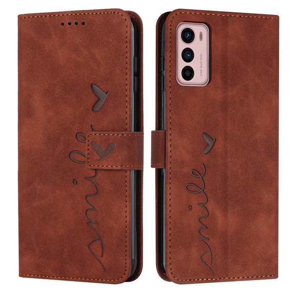Nalacover for Motorola Moto G42 (4G) Flip Wallet Case,Luxury Love Heart Embossed PU Leather Shockproof Soft TPU Folio Kickstand Card Slots Phone Cover with Wrist Strap for Women Men,Brown