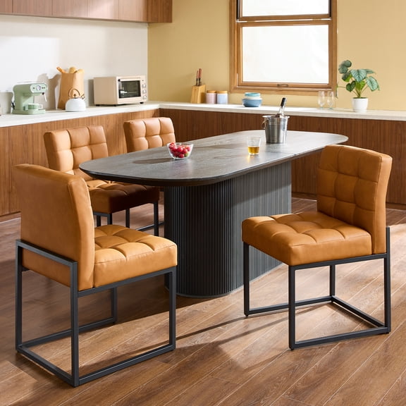 GrandNoor Brown Faux Leather Dining Chairs Set of 4, Mid-Century Modern Dining Room Chairs with Armless, Checkered Kitchen Chair with Metal Legs