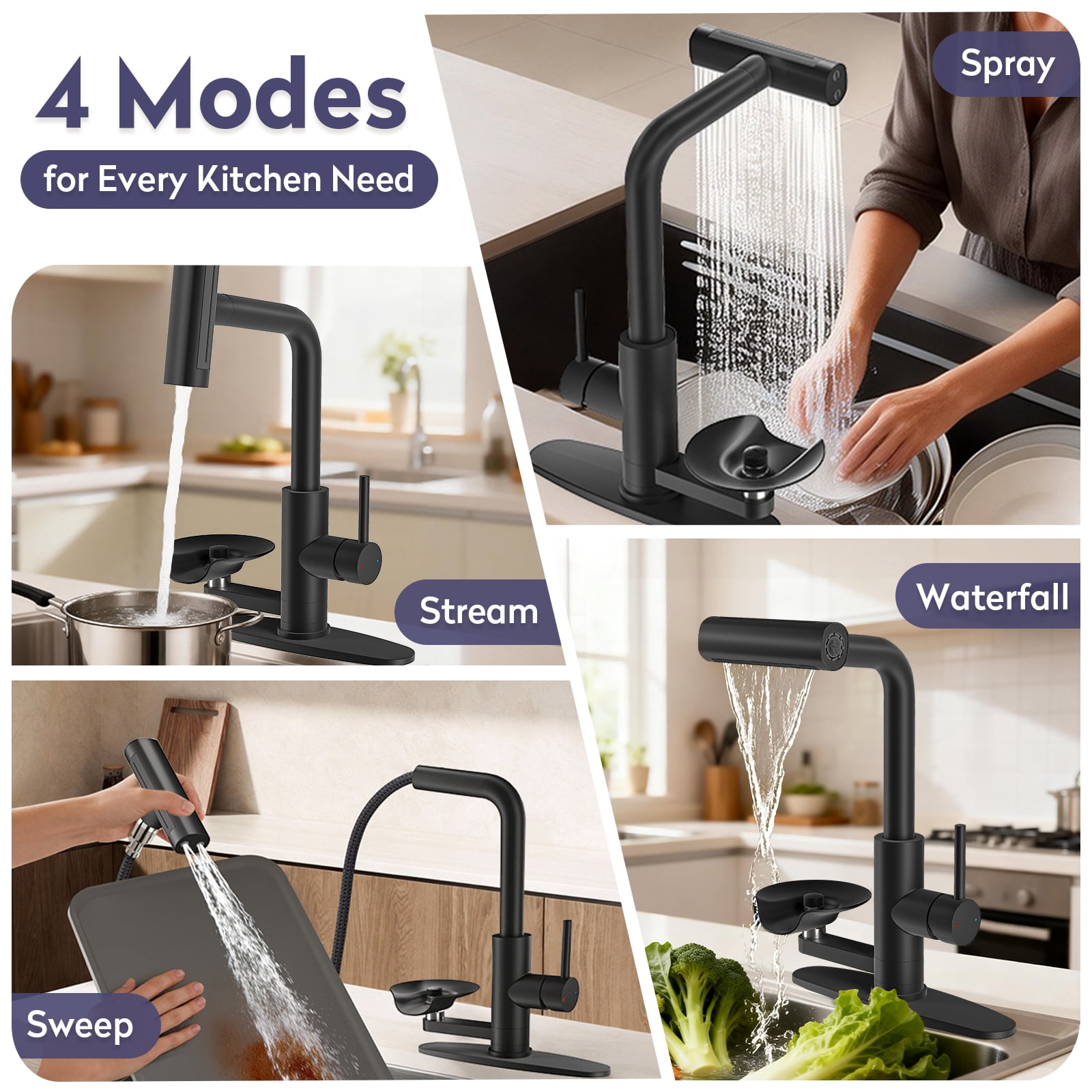 KAIYING Pull Down Kitchen Faucet with Integrated Glass Rinser and Waterfall Mode, Mate Black