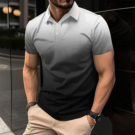 Lisbinx Shirts for Men Fitted Short Sleeve Collared T-Shirts Summer Tops Relaxed Fit Comfy Gradient Oversized T-Shirts Stretchable T Shirts for Man