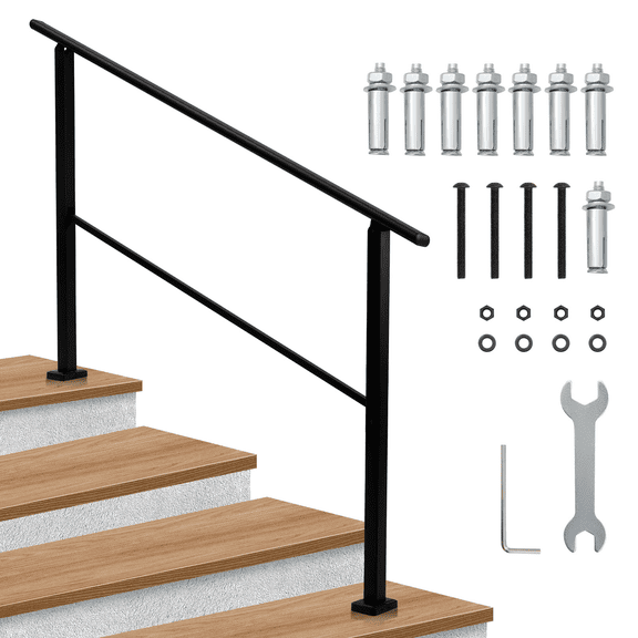 Garvee 4 Step Handrail for Outdoor, Iron Stair Railing for Concrete Steps, Porch Steps, Adjustable, Easy to Install, Black
