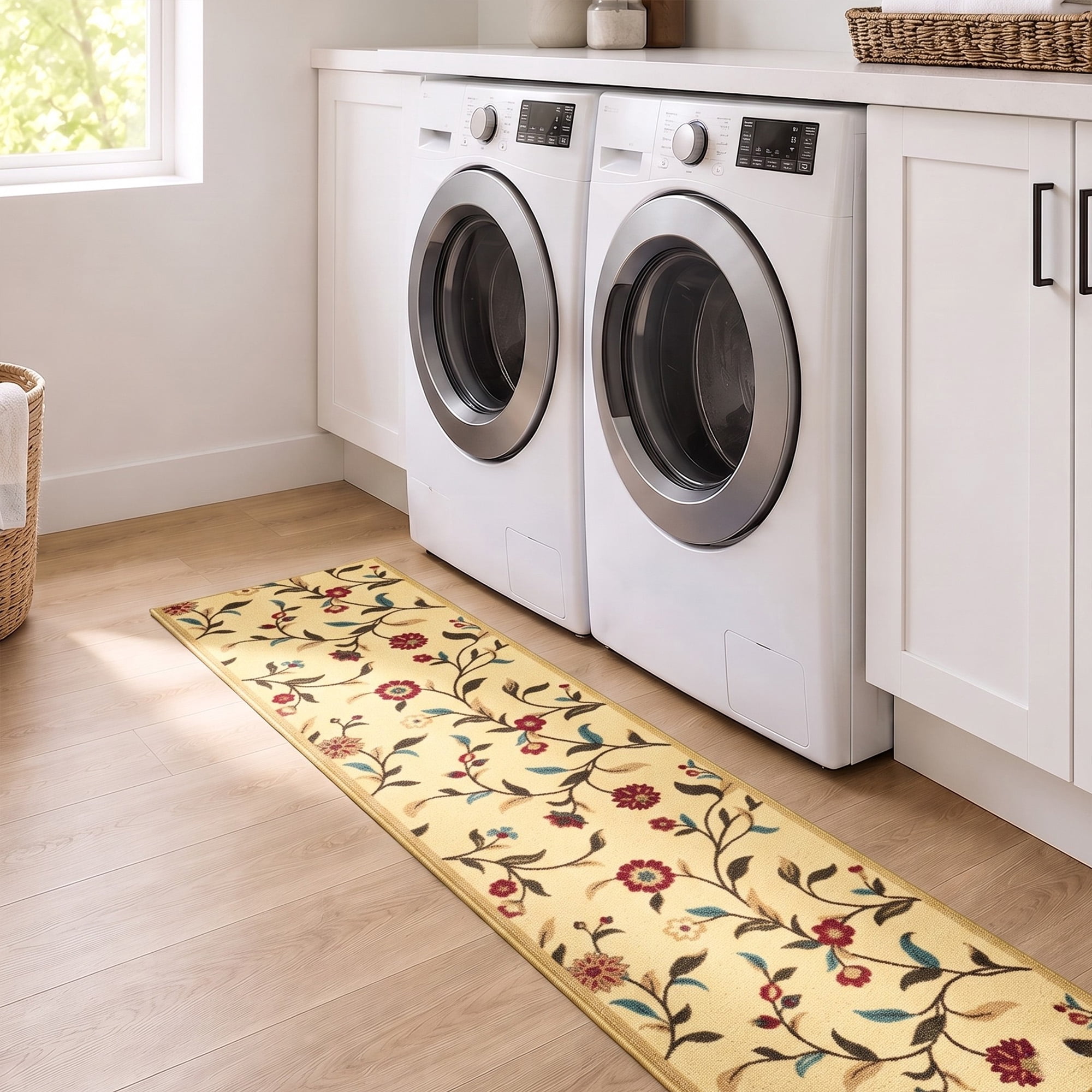 Ottomanson Hallway Runner Rug 1'10.5" x 11' – Non-Slip Low Pile Carpet for High Traffic Areas, Floral Beige