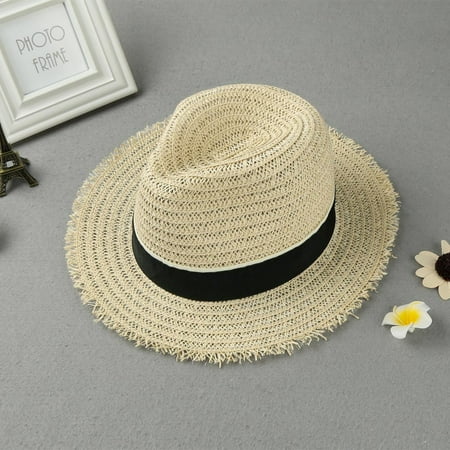 - New Fashion Women Straw Hat Ribbon Trim Wide Brim Summer Sun Beach Cap Panama Hat Beige