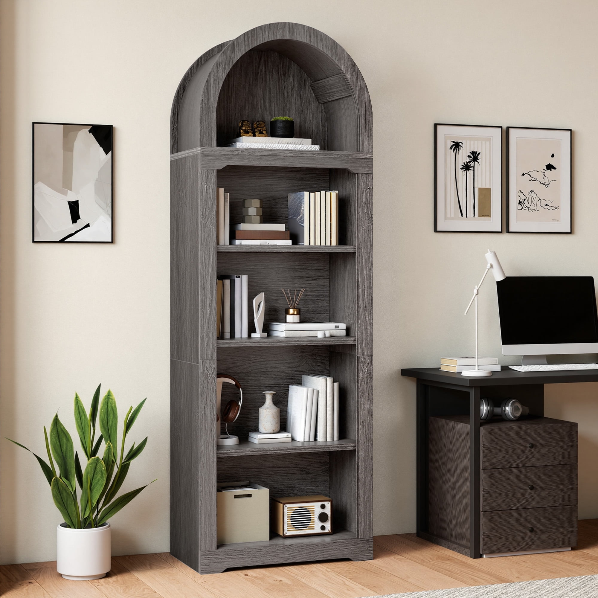 Craftian 5 Tiers Arched Bookshelf, 68.5" Tall Modern Bookcase Display Storage Rack Wooden Bookshelves, Gray