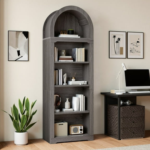 Dextrus 5 Tiers Arched Bookshelf, 68.5" Tall Modern Bookcase Display Storage Rack Wooden Bookshelves, Gray