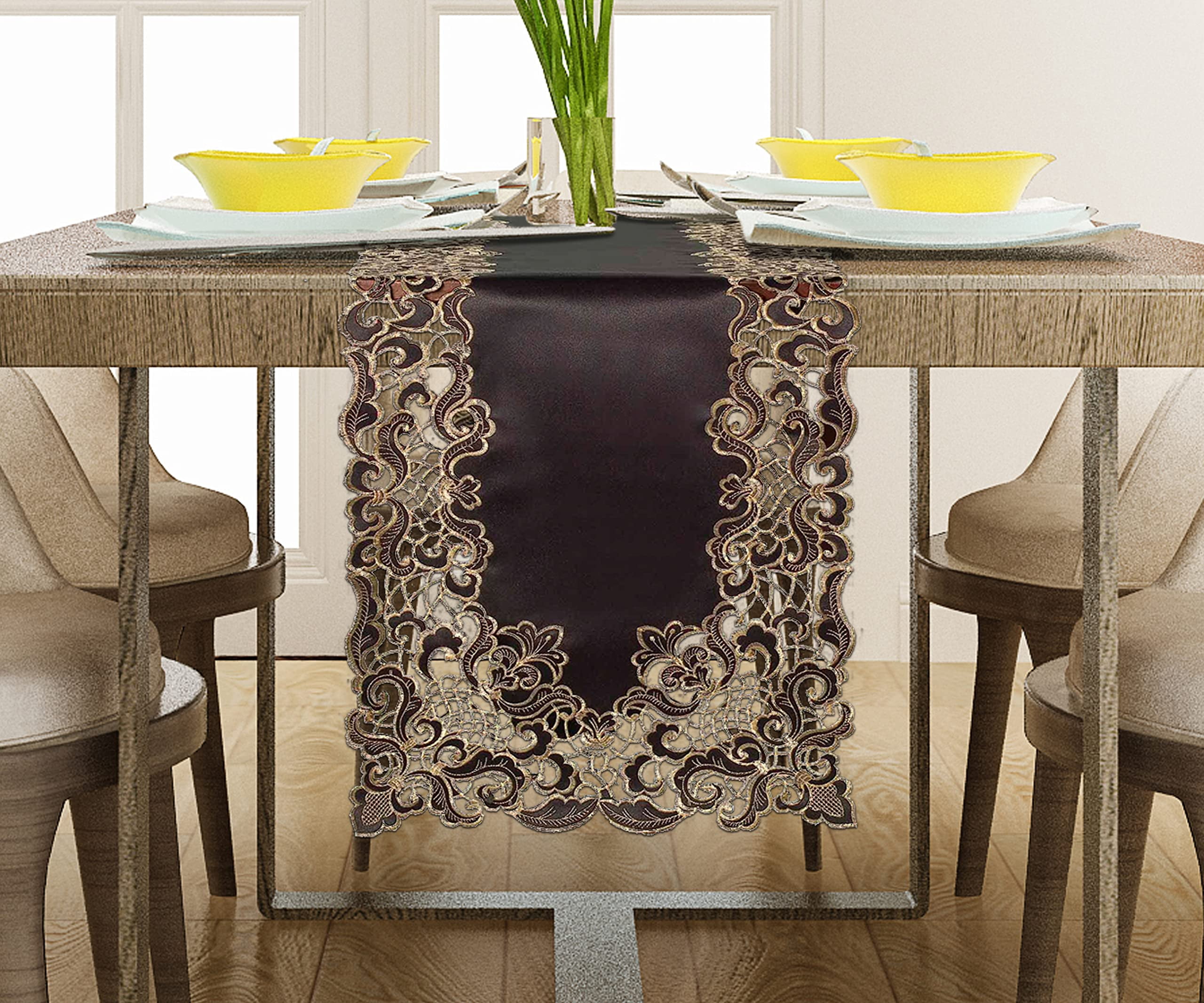 Gold Lace Black Table Runner - Dresser Scarf European Embroidery - Perfect for Kitchen Dining Room Home Decor Wedding Receptions - 14 x 108 inches - The Granada Collection