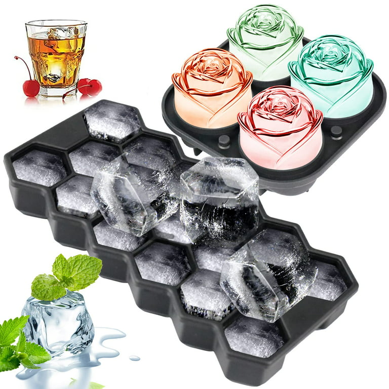 2 in 1, 3D Rose Ice Molds & Large Ice Cube Tray W/H lid, 4 Giant Fancy  Flower, 17 Big Hexagon Shape, Silicone Rubber Funny Ice Ball Maker for  Chilling Cocktails Juice