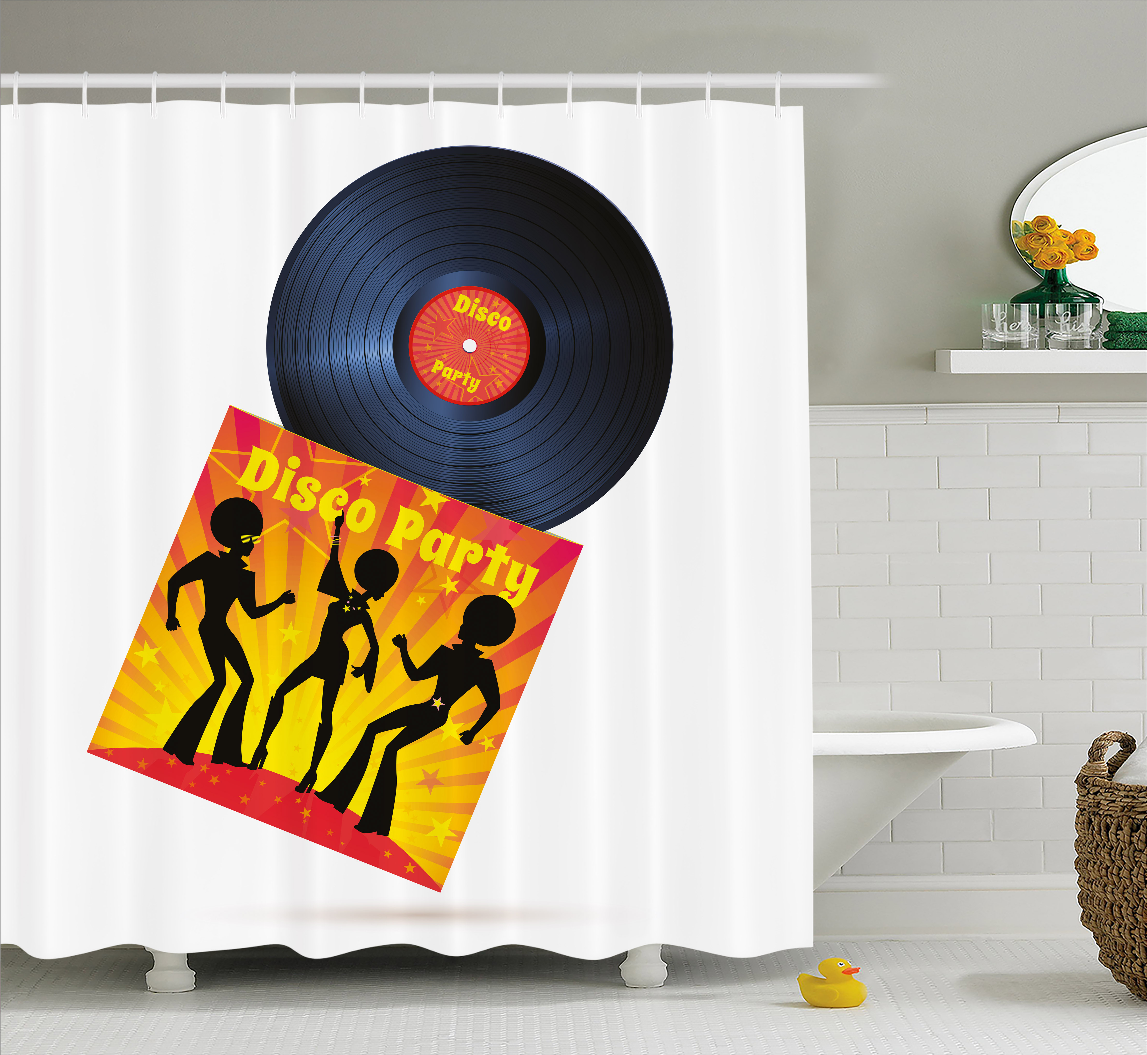 70s Party Decorations Shower Curtain, Vinyl Record Cover with Disco
