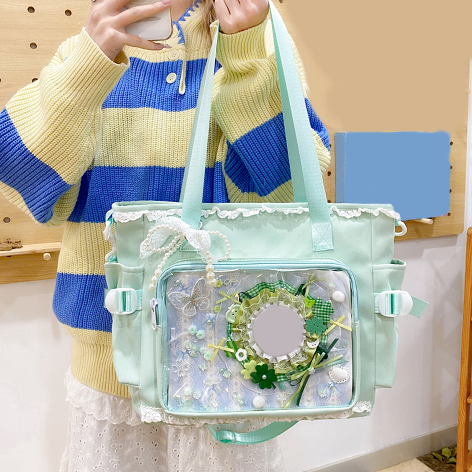 HUISZJ Women Preppy Messenger Bag, Adjustable Strap Preppy Y2K Messenger Bag, Cute Bow Anime Crossbody Bag for Travel Work (Green)