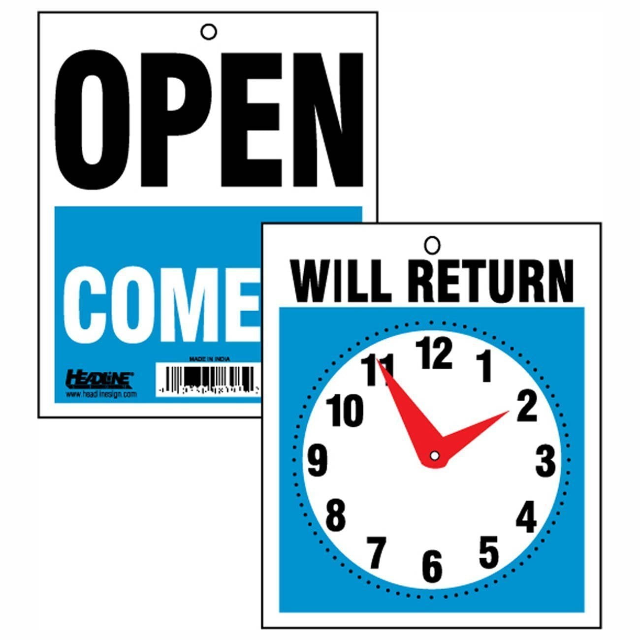 DOUBLE_SIDED PLASTIC OPEN AND CLOSED SIGN WITH RETURN TIME CLOCK