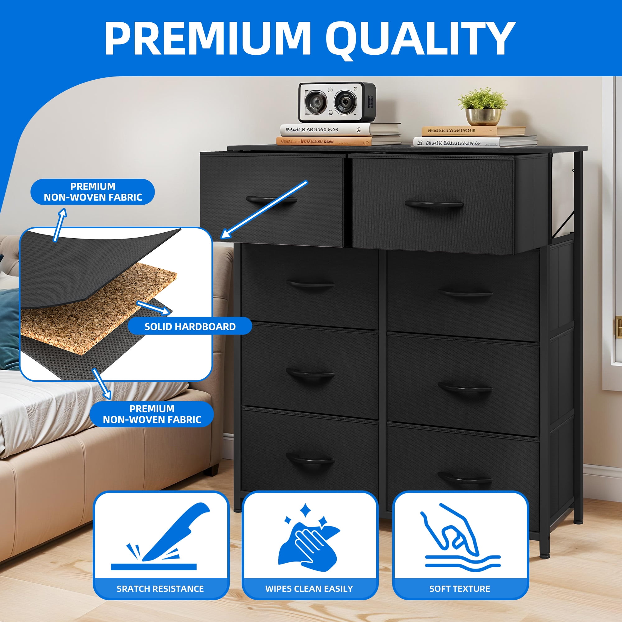 DEXTRUS 8 Drawers Dresser Chest of Drawers for Bedroom Fabric Storage Dressers for Living Room Bedroom for Adult Black