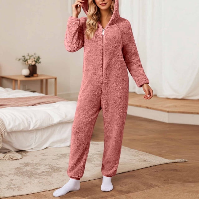 Timegard Combinaisons Grande Taille pour Femmes Automne Hiver en Molleton Doux à Capuche avec Fermeture Éclair, Pyjama Chaud