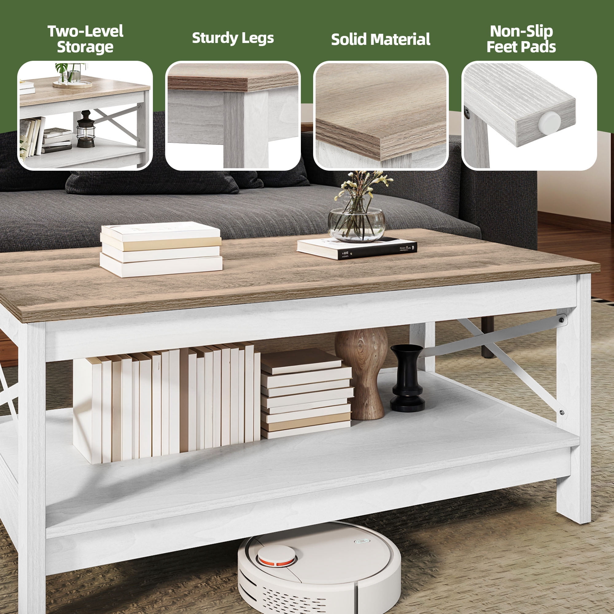 Uforic 39.4 Inch Rectangular Coffee Table with Side X-Support Frame, Thickened Legs & Floor Protection Footpads, Gray