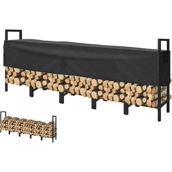 8ft Firewood Rack Outdoor with Adjustable Cover Fireplace Wood Storage Indoor Heavy Logs Stand Stacker Holder Strong Lumber Racks Outside for Courtyard Patio