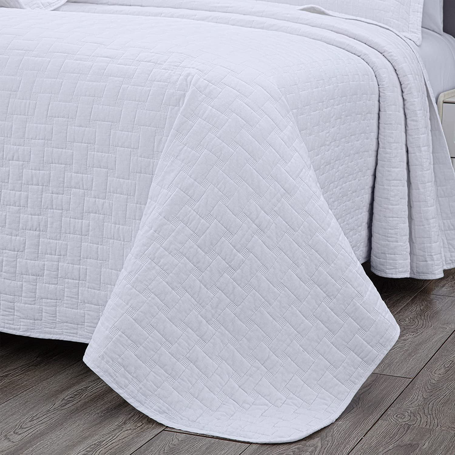 Chezmoi Collection Vert 3-Piece 100% Cotton Quilt Set King Size, White, Modern Basketweave Stitched Quilt Lightweight Washed Cotton Bedspread for All Season