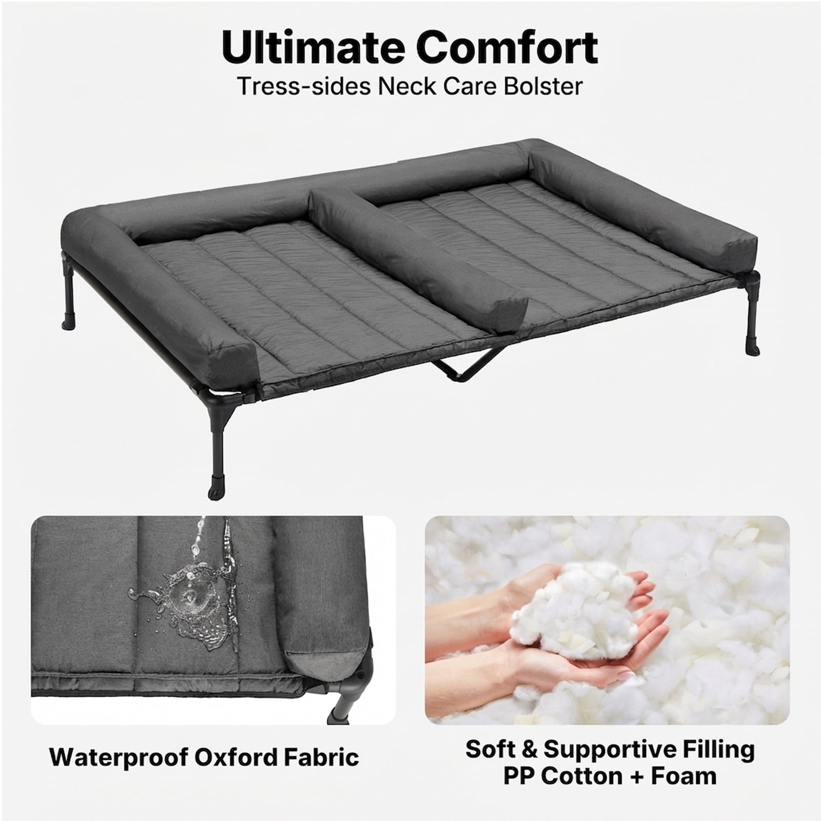 Veehoo Cooling Raised Dog Bed + Removable Double Dog Bed Cushion, 49" x 33", Black Silver