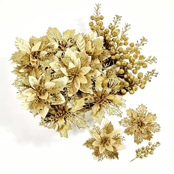 18Pcs Artificial Poinsettia Christmas Decorations, Glitter Flowers with Berries & Pine Needles Picks, Holiday Home Décor with Clips, Gold