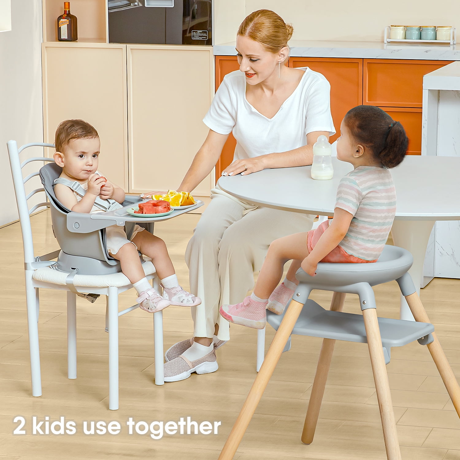 11-in-1 Convertible High Chair for Baby, Wooden Baby Booster seat & Toddler Chair with Double Tray, Clean Easily & PU Cushion.White