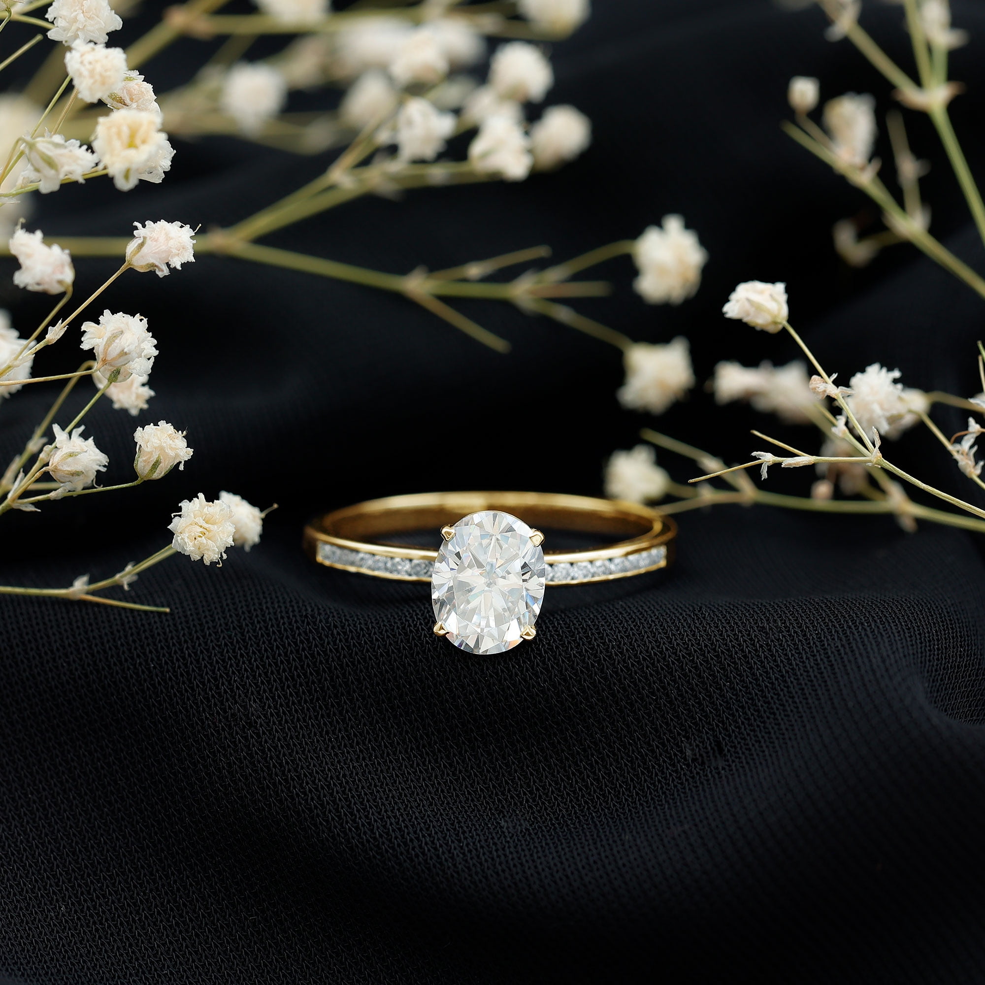 Rosec Jewels 2 Carat Oval Shape Moissanite Engagement Ring with Side Stones for Women (D-VS1 Quality) - with Jewelry Box, 10K Yellow Gold, US 11.00