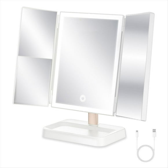 Espejo de Maquillaje Portátil para Viajes con Luz LED, Espejo Cosmético Triple Recargable con 78 Luces LED, Control Táctil