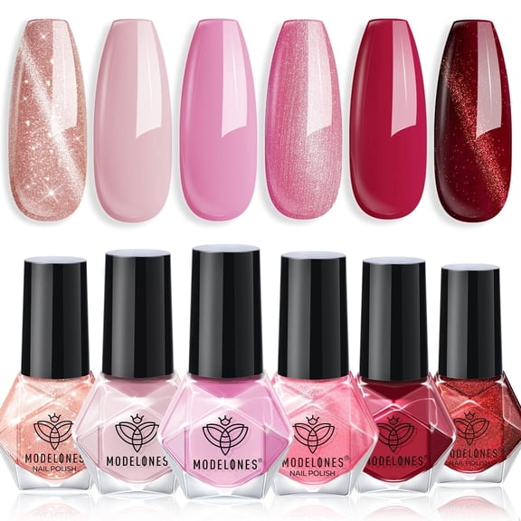 modelones Nail Polish Set 6 Colors Pink Collection Red Cat Eye Nail Polish Set Quick Dry Red Nail Polish Finger Bulk Manicure Diy Nail Art Salon Home Valentine's Day Gift for Women Girl