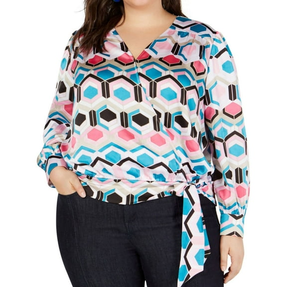 I.N.C Womens Honeycomb Wrap Blouse, Pink, Plus Size, 3X