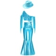 thumbnail image 4 of TSSOE Kids Girls Shiny Metallic Disco Dance Outfits Sparkle Sequins Tassels Crop Tops with Bell Bottoms Long Pants and Hat Light Blue 14, 4 of 5