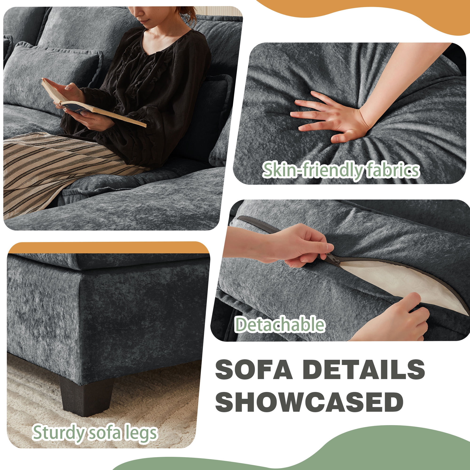 Soscana 113" Sectional Sofa Oversized U Shaped Couch with Double Chaise,Cloud Couch with 4 Waist Pillows,Modern Linen Seating Furniture for Living Room Office Studio Apartment,Gray