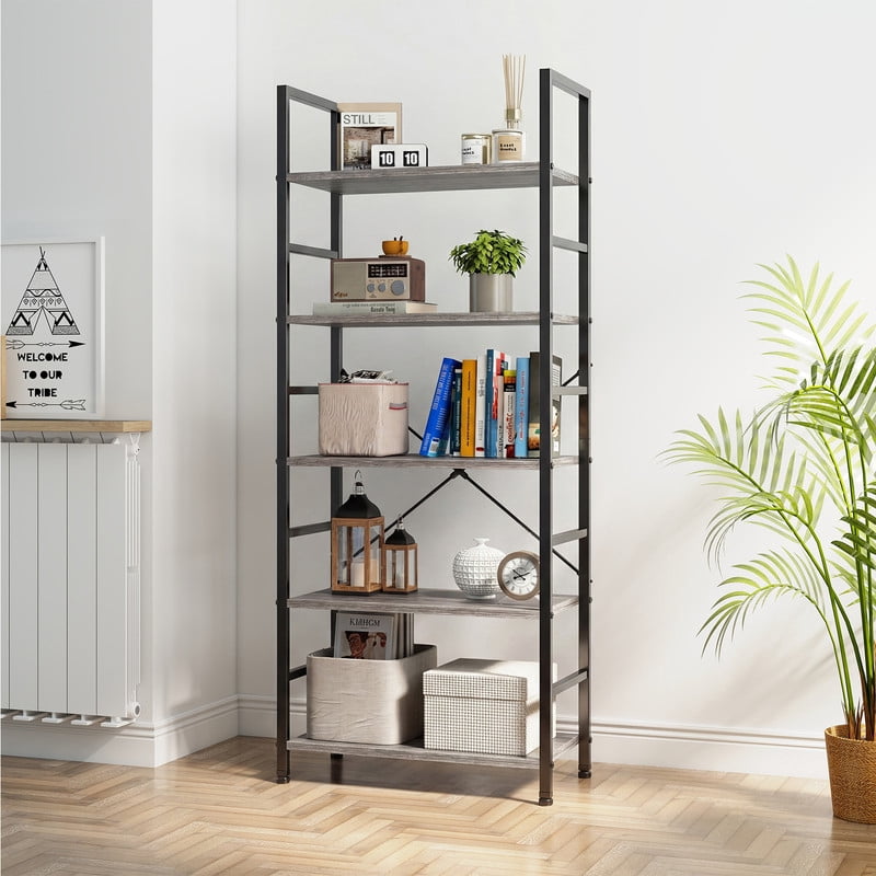 Gianna 5 Tier Bookshelf, Free Standing Shelf, Bookcase Shelf Storage Organizer, Industrial Book Shelves for Home Office, Living Room, Kitchen, Gray
