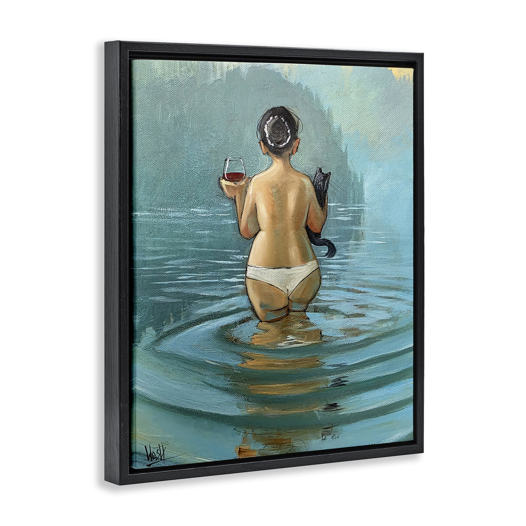 Stupell Industries Cat & Wine Dip At Twilight Black Framed Floater Canvas Wall Art, design by Ronald West