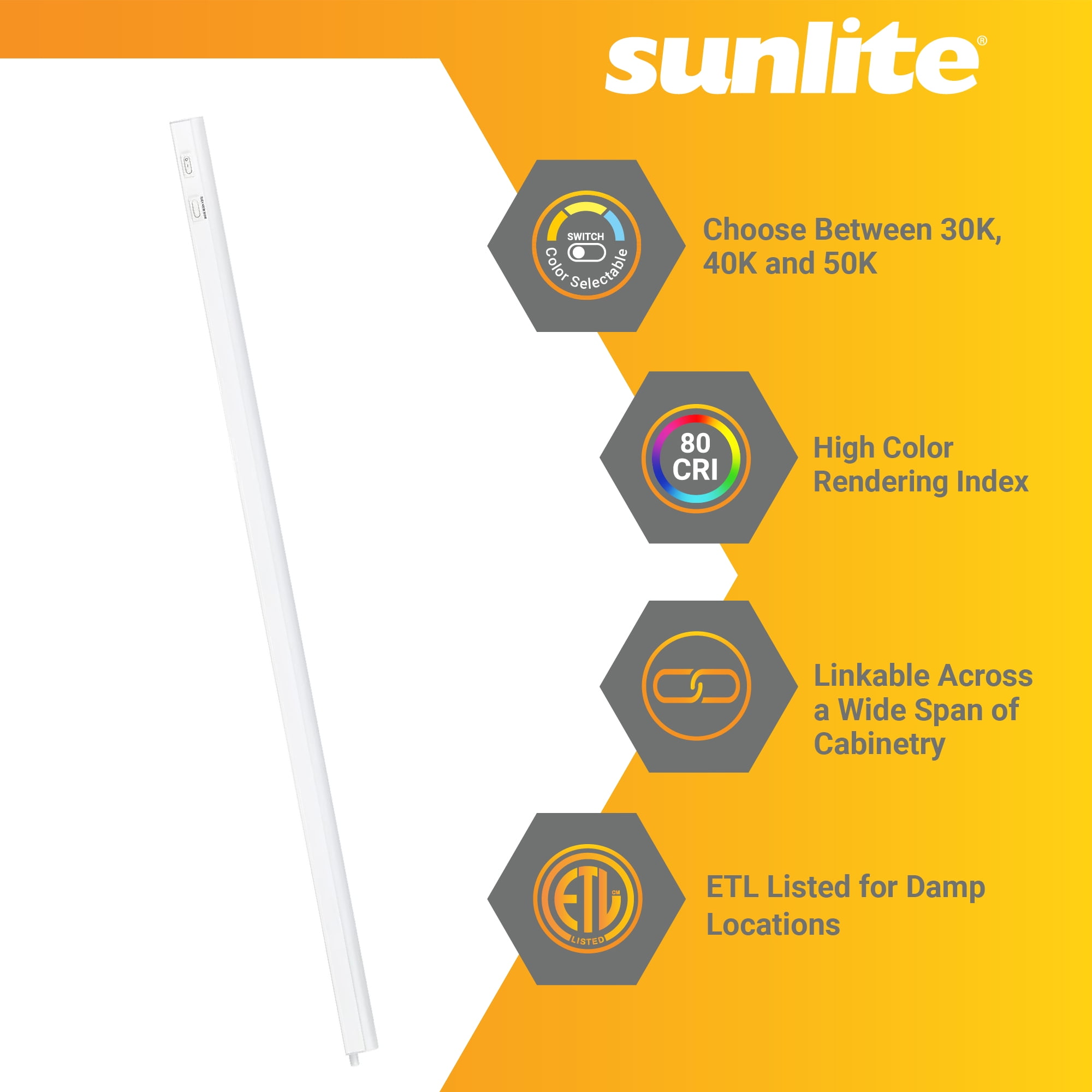 Sunlite LED Linkable Under Cabinet Light Fixture, Adjustable Color 30K/40K/50K, 12 Watts, 1200 Lumens, Kitchens, Bathrooms, Offices, Workbenches, ETL Listed, 34 inch, CCT