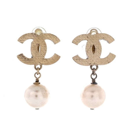 Vintage CC Drop Clip-On Earrings Metal with Faux Pearl By Rebag