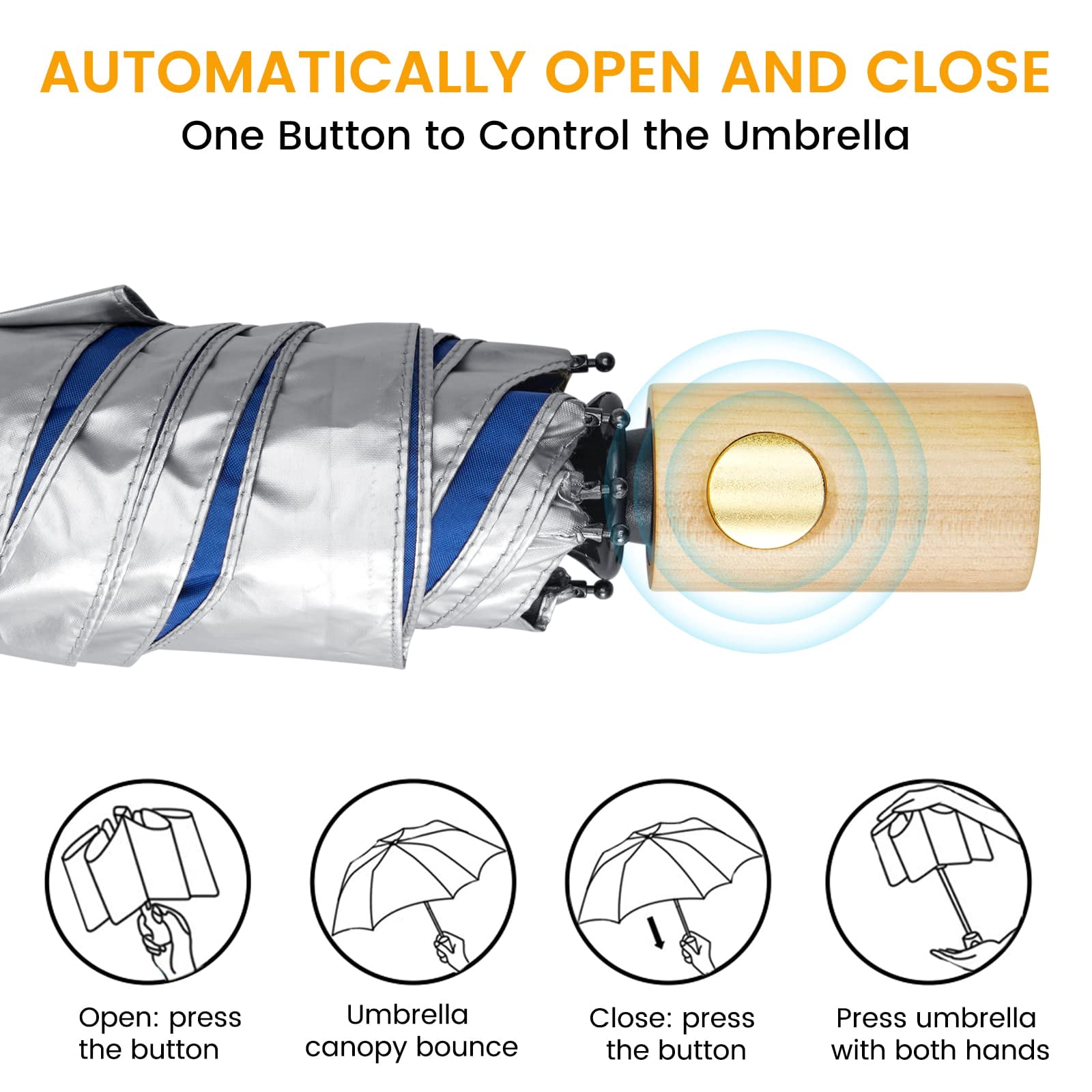 G4Free UPF 50+ UV Protection Travel Umbrella with Wooden Handle, 42 Inch Lightweight Sun Rain Folding Umbrellas Auto Open Close