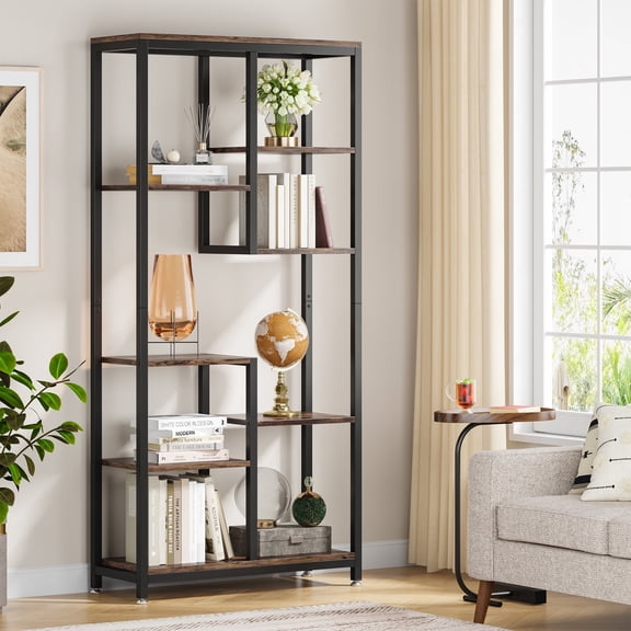 Finmind Industrial 8-Tier Bookcase, 69.2" Display Storage Bookshelf with Metal Frame for Living Room, Home Office, Rustic Brown