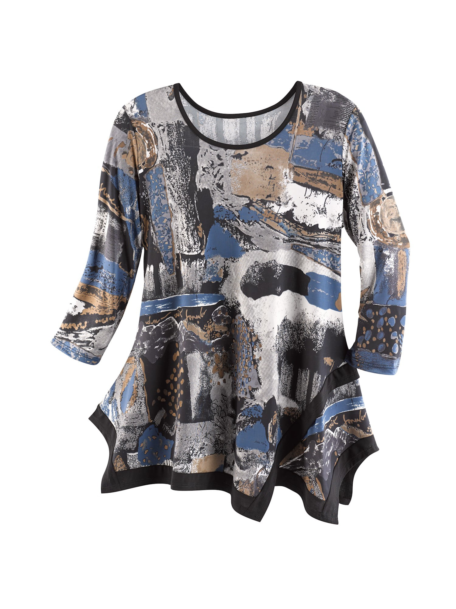 Caribe - Caribe Women's Blue and Brown Printed Tunic Top - 3/4 Sleeve ...