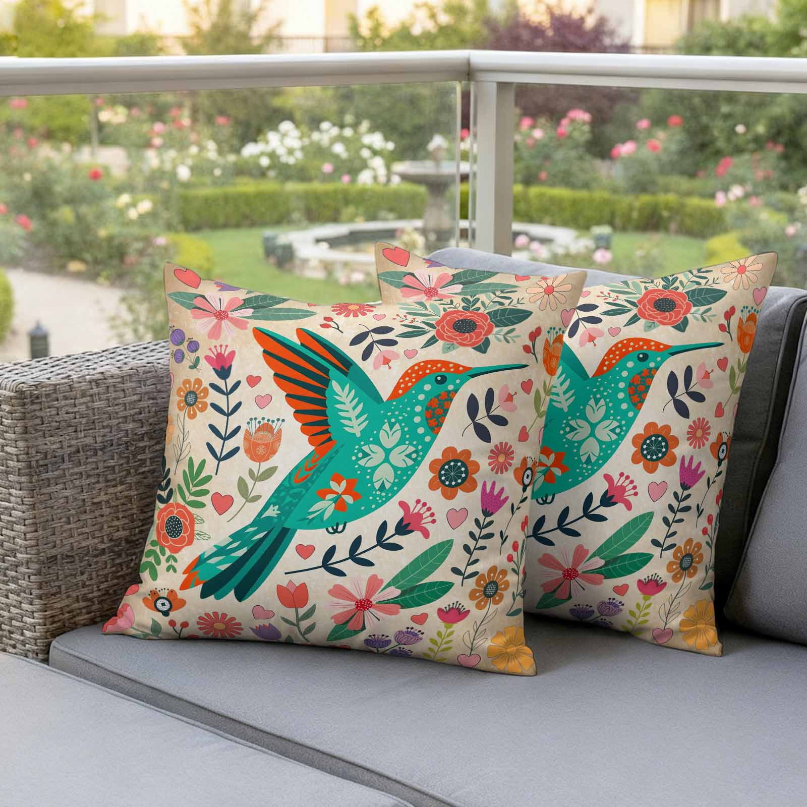 Turquoise Birds Outdoor Waterproof Pillow Covers, Retro Farmhouse Colorful Flowers Herbs Decorative Square Throw Pillowcase Sofa Cushion Sham for Patio/Couch/Chair, 24"x24" 2 Pack