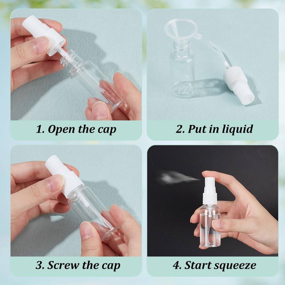 120pcs White Plastic Travel Spray Bottles with 6pcs Plastic Funnels 0.3oz/10ml 0.7oz/20ml 1oz/30ml Mini Clear Spray Bottles Refillable Liquid Travel Containers for Lotion Carry for DIY