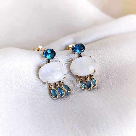 Natural Moonstone & Blue Topaz Stud Earrings, 14K Solid Yellow Gold Moonstone and Topaz Earrings, June Birthstone Earrings, Christmas Gift