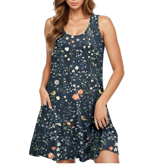 ALLLIST Ladies Dresses Spring Floral with Pockets Sundress Trendy Crew Neck Mini Teens Dresses