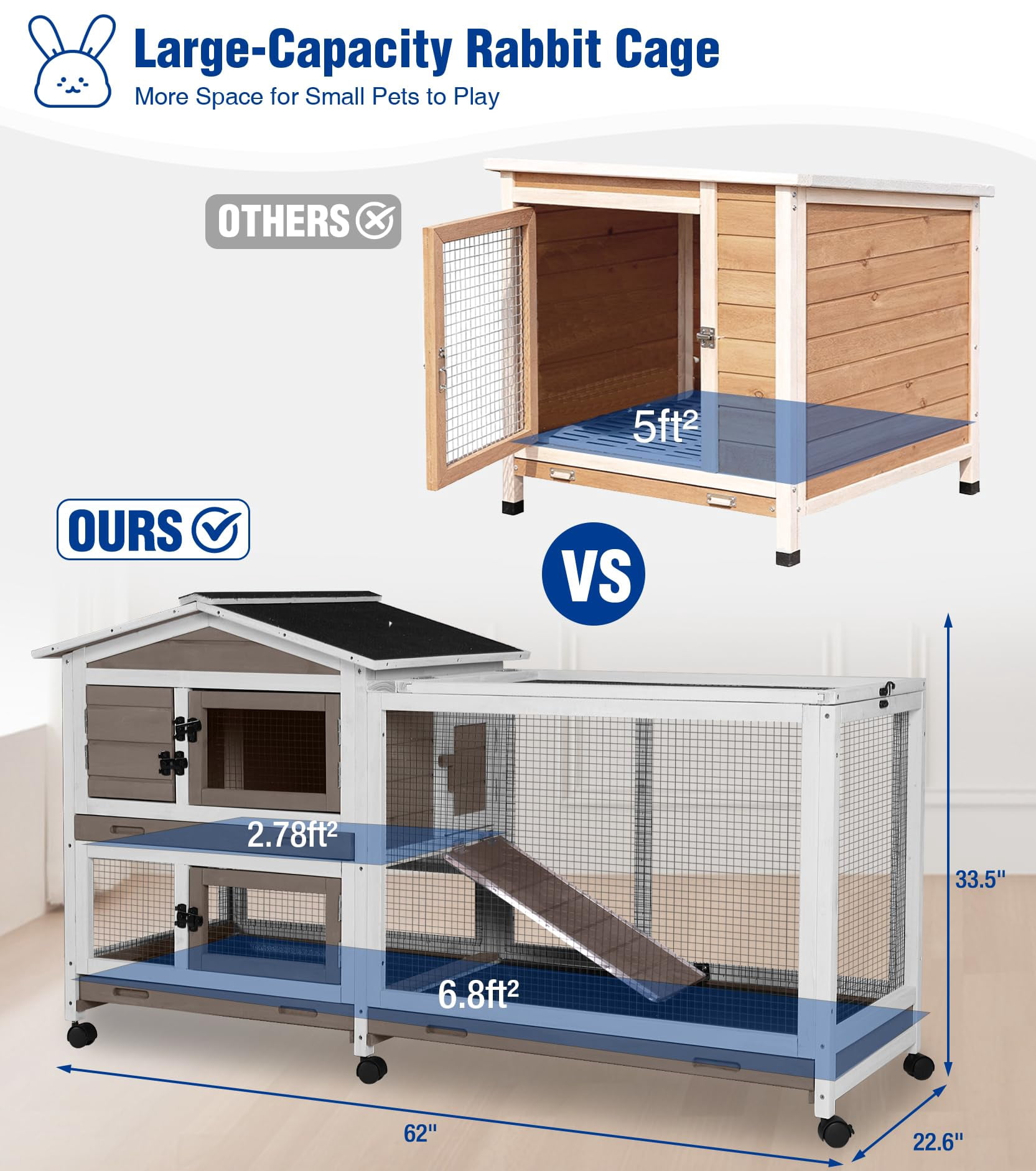 Aivituvin Large Rabbit Hutch Indoor, Bunny Cage Outdoor with Chew-Proof Ramp, 2-Story Guinea Pig Cages with 6 Wheels, 3 Pull-Out Trays, Waterproof Asphalt Roof, 62" L - Coffee