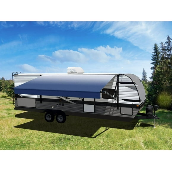Velarium Awning VR18004000A Patio Awning; Electric; 18 Foot Length x 8 Foot Extension; Slate Blue Fade; Vinyl; Without Weather Cover; Black Casting; Adjustable Pitch; With LED Light