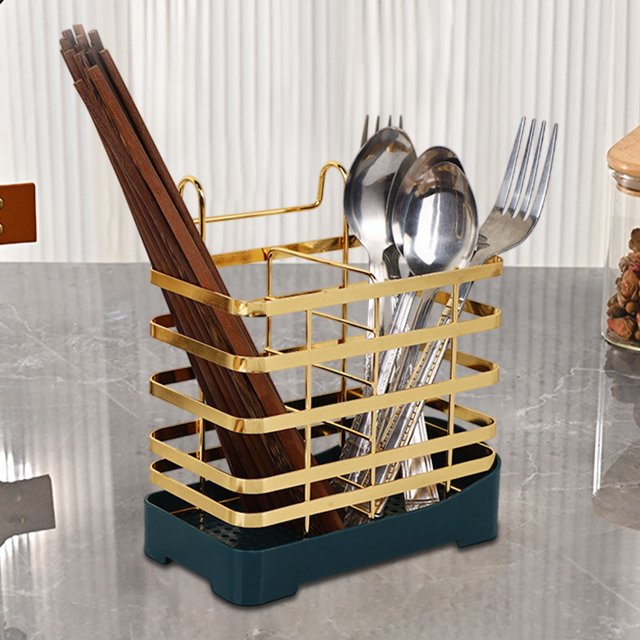 Estante de almacenamiento de utensilios de cocina de hierro | Organizador multifunción de pared | Cuchara Cuchillo Tenedor Palillos para palillos | Hierro robusto y resistente a la oxidación | Oro