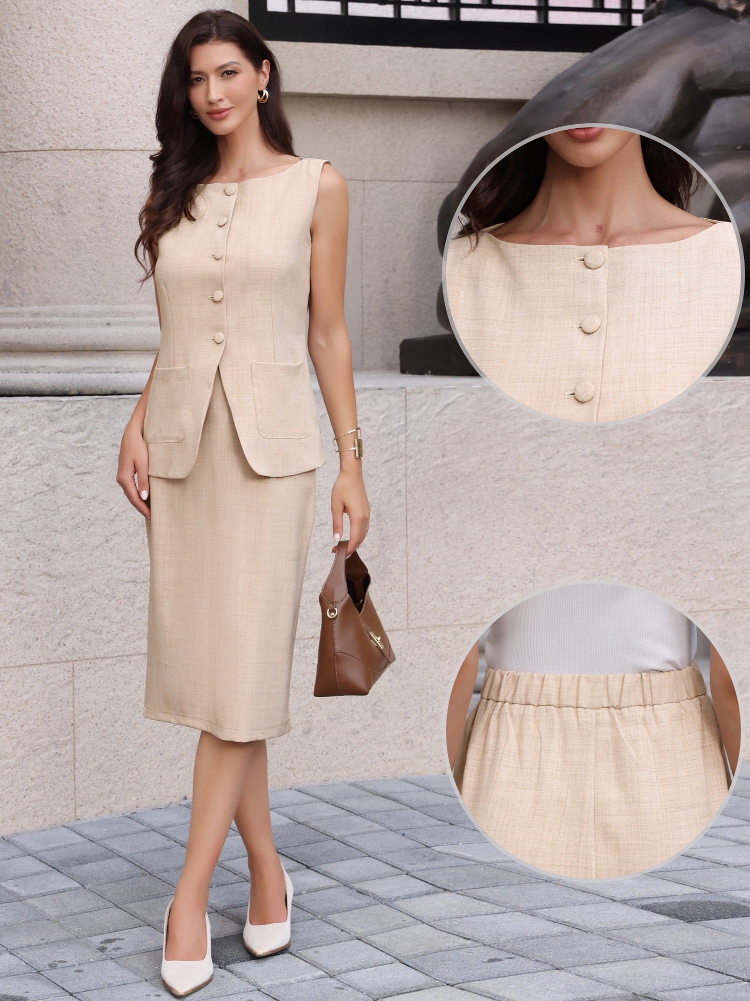 DARING DIVA 2Pcs Women's Linen Button Down Vest Pencil Skirt Suit Set XL Beige