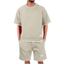 Xzbqbs Mens 2 Piece Outfits Waffle Knit Sets Crewneck T Shirt and Elastic Waist Drawstring Shorts Fashion Summer Tracksuits for Men