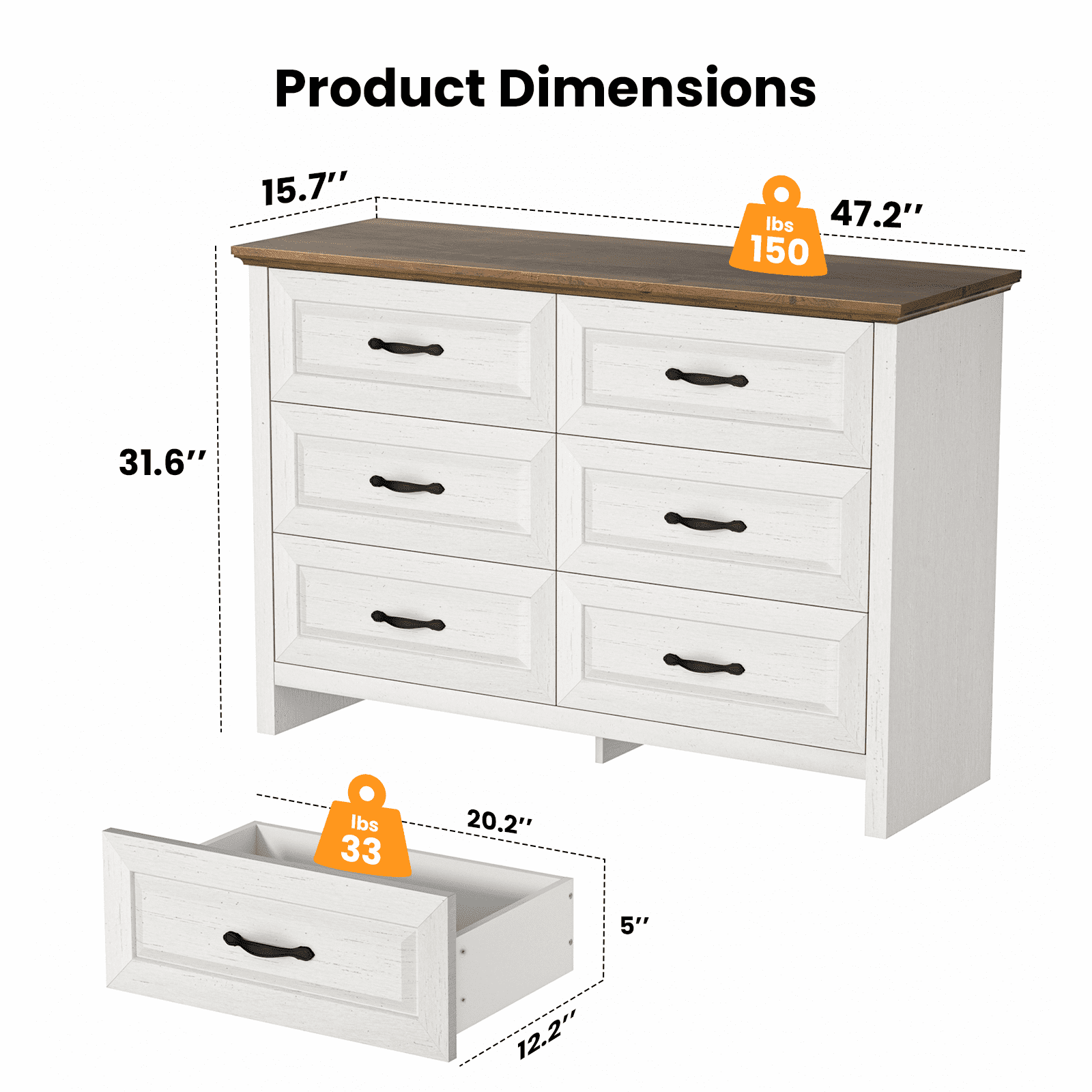 CHITOOMA 6 Drawer Double Dresser, 47.2" Adult Wood Storage Side Cabinet Chest of Drawer for Bedroom Living Room Hallway, White & Brown