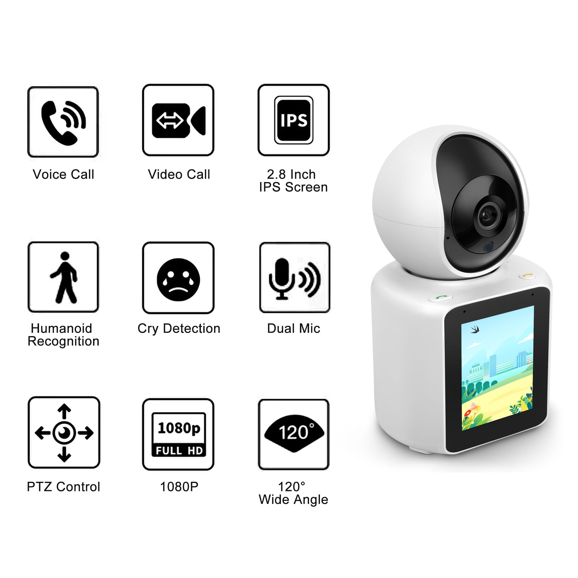 Two-Way Video Camera, Smart Security Camera, 2.8'' 1080p HD Screen, Night Vision, Motion Detection for Baby, Elderly