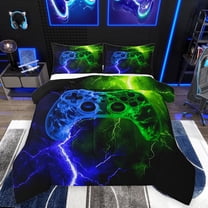 Homewish Video Game Bedding Comforter Set 2pcs for Female Men Adults,Blue Green Twin Comforter Sets Microfiber,Abstract Lightning Gamepads Breathable Bedding Set,Microfiber Bedroom Decor,Reversible