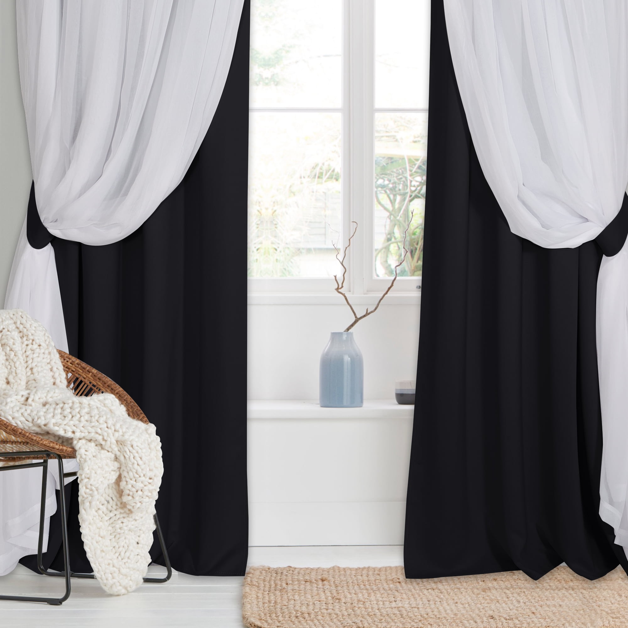 NICETOWN Double Layer Sheer Blackout Curtains Solid Grommet Room Darkening Thermal Drapes, W52 x L84, Set of 2, Black