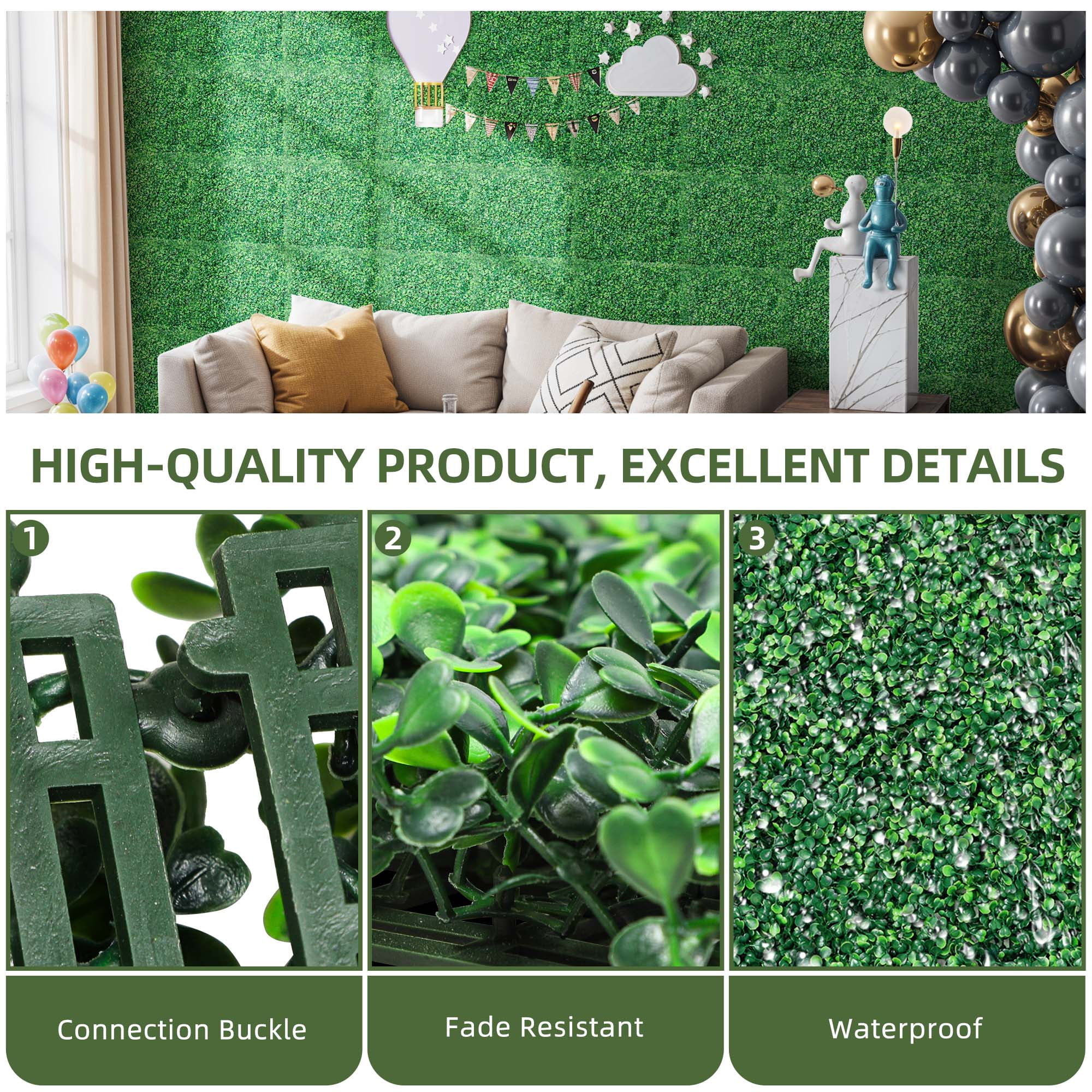 Uforic 24 Pcs 20"x20" Artificial Grass Wall Panels UV-Resistant Indoor/Outdoor Privacy Hedge Green