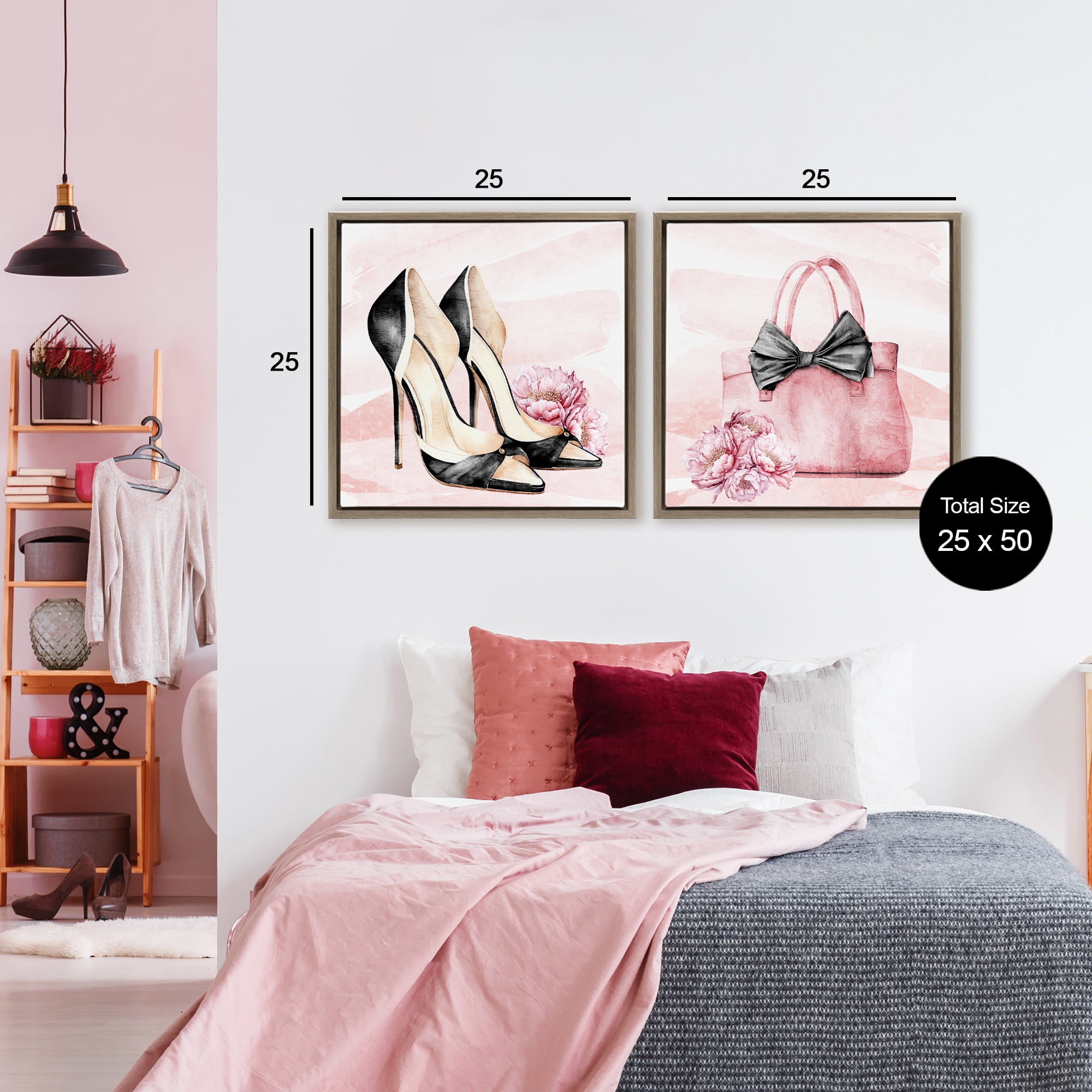 Stupell Industries Rosy Glam Time Shoes 2 Piece Brown Framed Floater Canvas Set, design by Kim Allen
